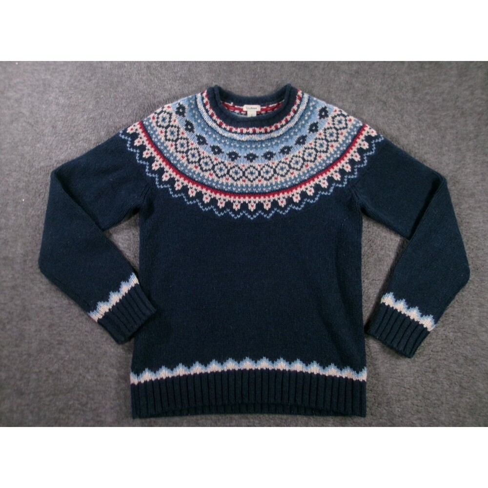LL Bean Sweater Womens Small Blue Nordic Fair Isle Cottage Lamb Wool Causal